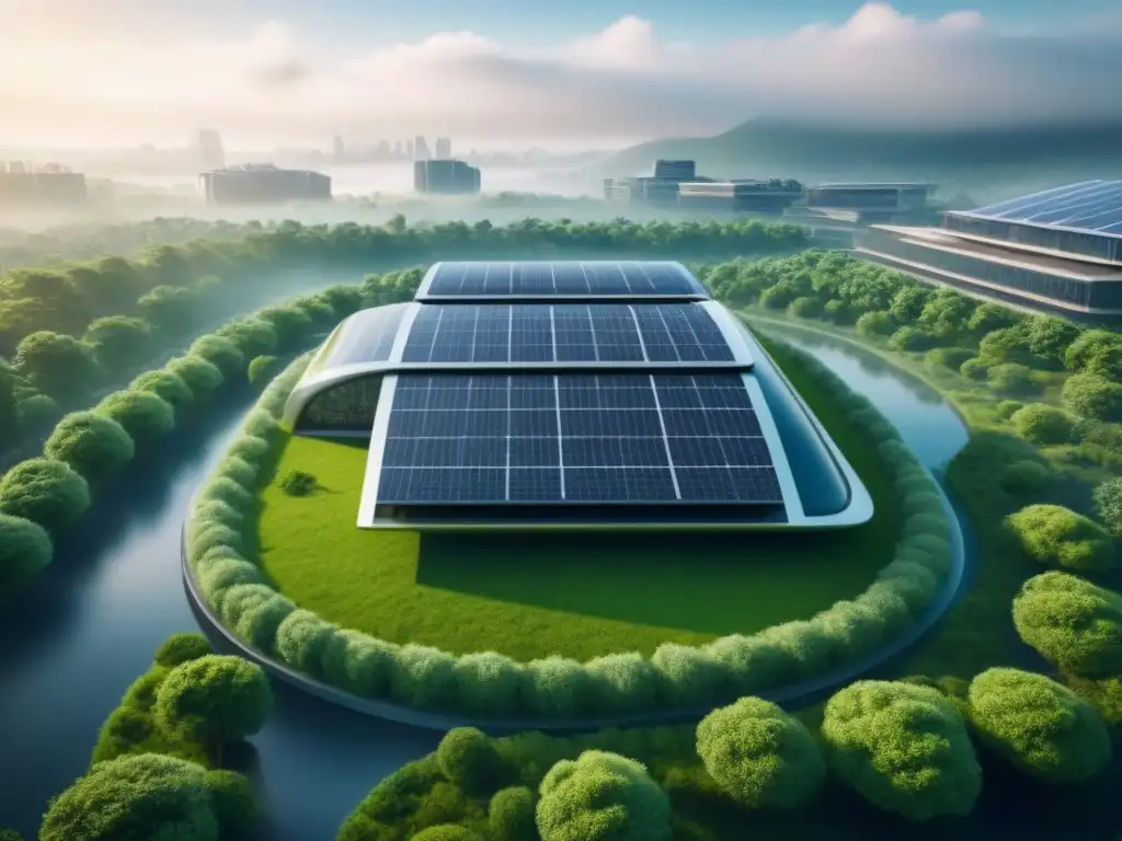 Edificio sostenible futurista en entorno verde urbano Edificio sostenible futurista integrado en paisaje urbano verde, con tecnologías verdes