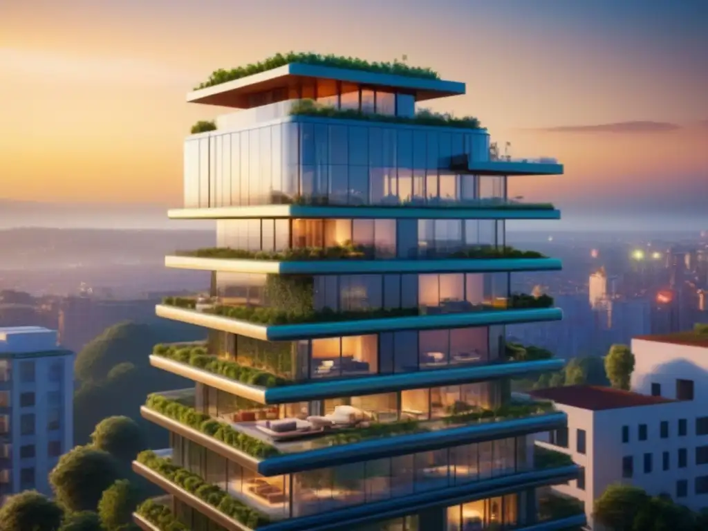 Rascacielos futurista ecofriendly en atardecer urbano Edificio sostenible futurista integrado en paisaje urbano, con paneles solares y turbinas eólicas al atardecer