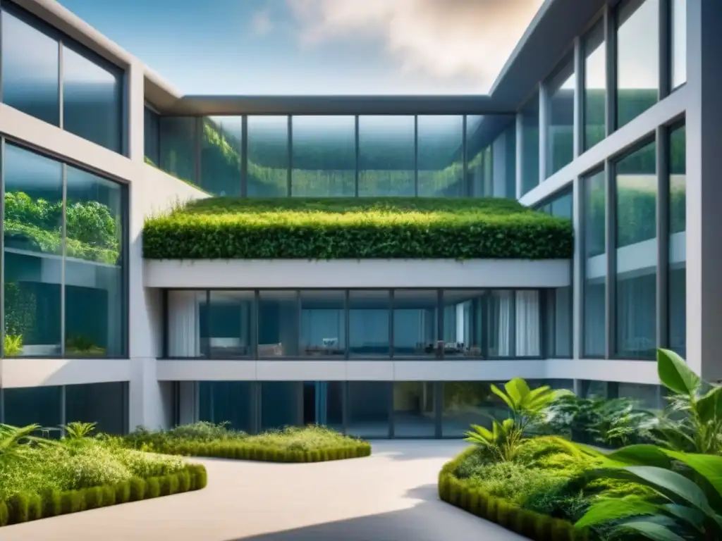 Edificio sostenible del futuro con diseño innovador y verde Un edificio sostenible futurista con ventilación natural y diseño innovador, lleno de luz natural y materiales ecofriendly