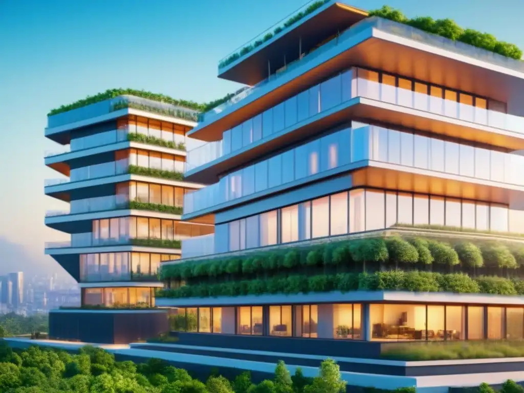 Edificio sustentable futurista: innovación ecoamigable Edificio sostenible futurista con paneles solares, techos verdes y turbinas eólicas, armonía entre arquitectura y naturaleza