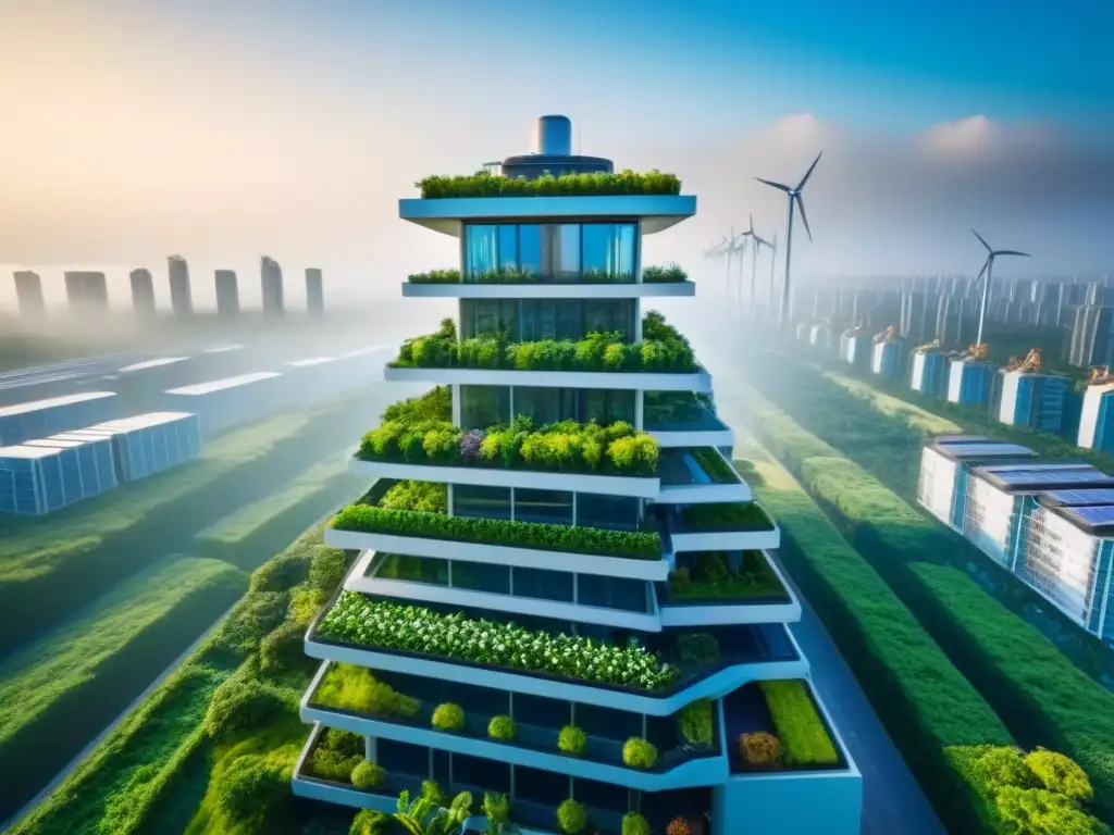 Rascacielos sostenible futurista: 8k con energía verde Edificio sostenible futurista con paneles solares y jardín vertical, simbolizando la importancia de la inversión inmobiliaria sostenible