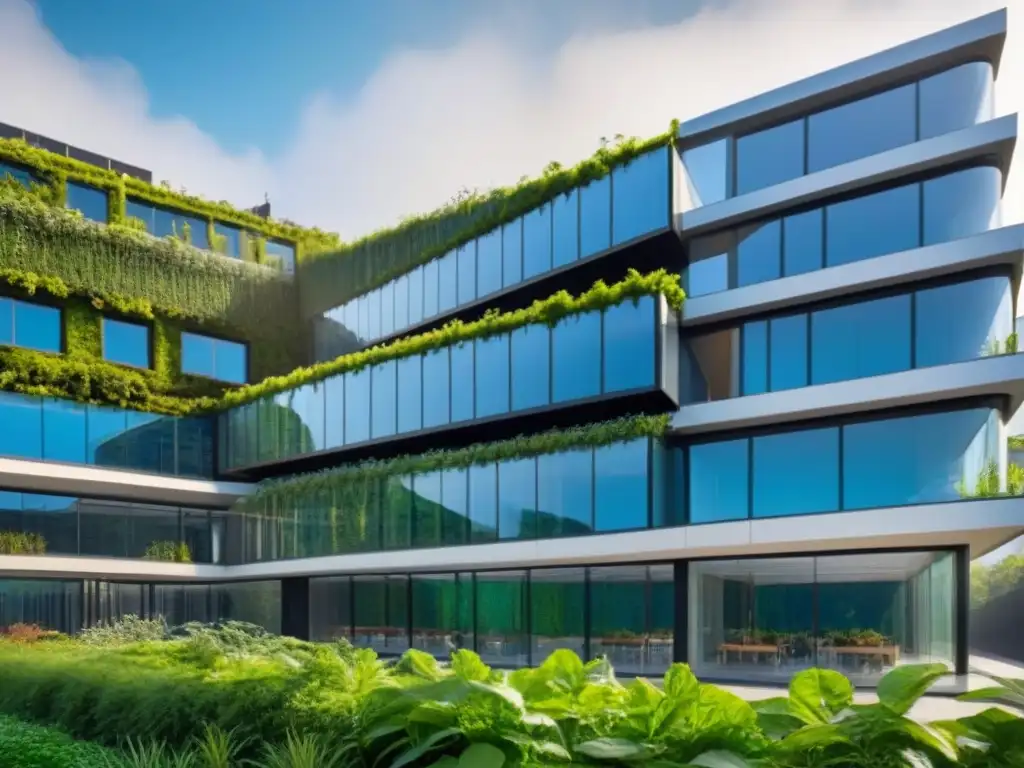 Edificio futurista sostenible con paneles solares y jardines verticales Edificio sostenible futurista con paneles solares, jardines verticales y personas reciclando y andando en bicicleta