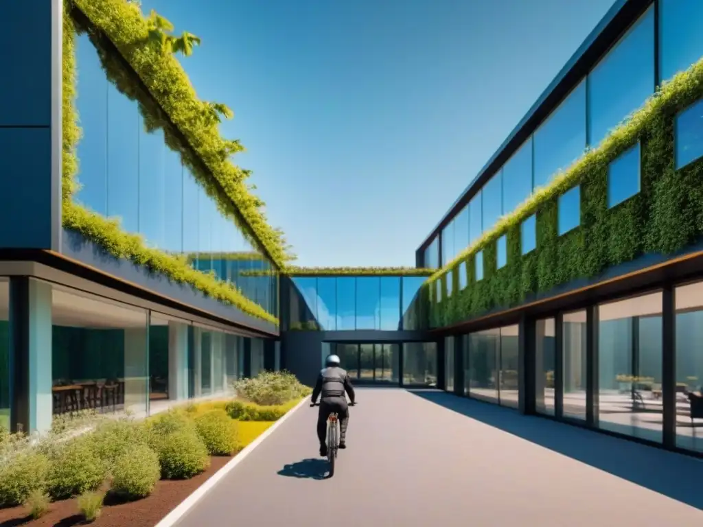 Un edificio sostenible del futuro rodeado de naturaleza y personas realizando actividades ecológicas