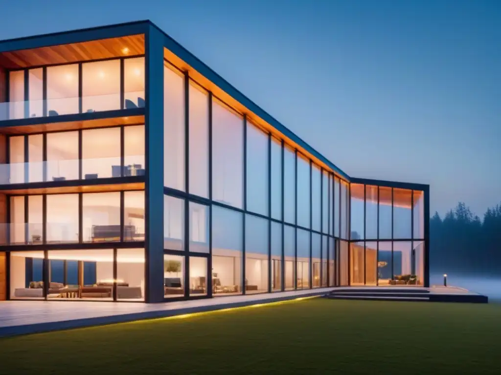 Edificio sostenible iluminado con luces LED en HD Edificio sostenible iluminado con tecnología LED, resalta su arquitectura moderna bajo el cielo nocturno