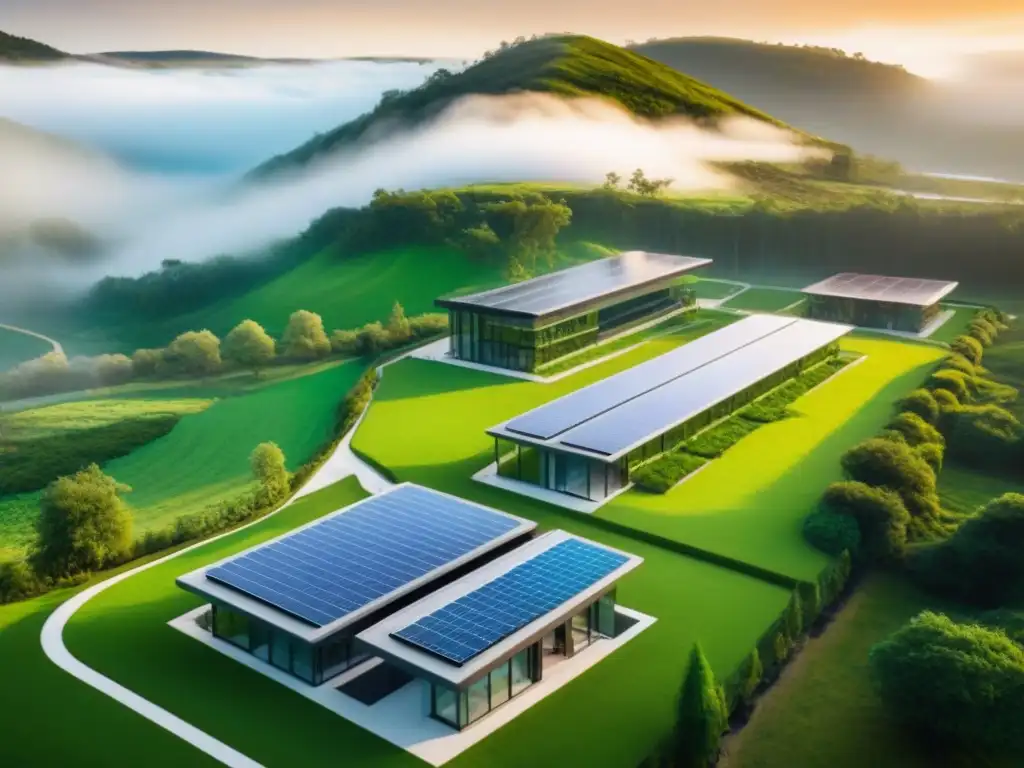 Edificio sostenible con energía geotérmica integrada en la naturaleza Edificio sostenible integrado en paisaje con geotermia