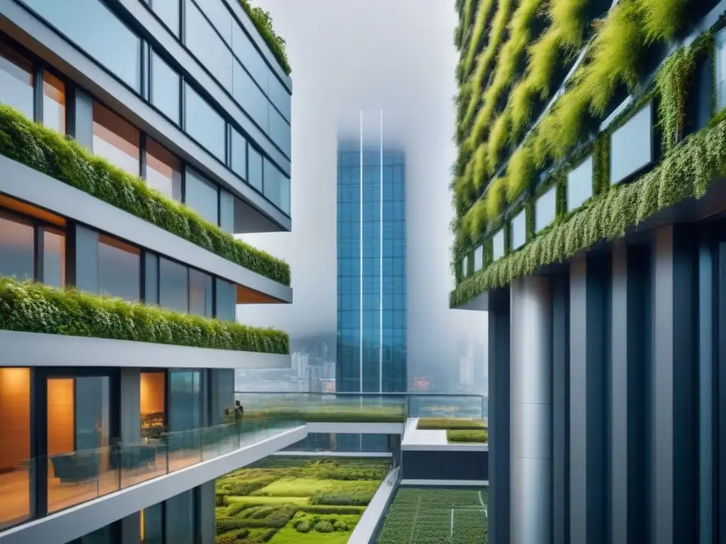 Edificio sostenible del futuro en ciudad internacional Edificio sostenible para inversores internacionales: diseño futurista con paneles solares integrados y jardines verticales en una ciudad cosmopolita