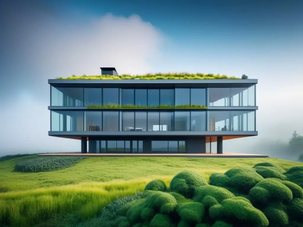 Edificio sostenible del futuro: innovación climática en 8k Edificio sostenible con materiales construcción cambio climático, moderno y ecoamigable rodeado de naturaleza exuberante