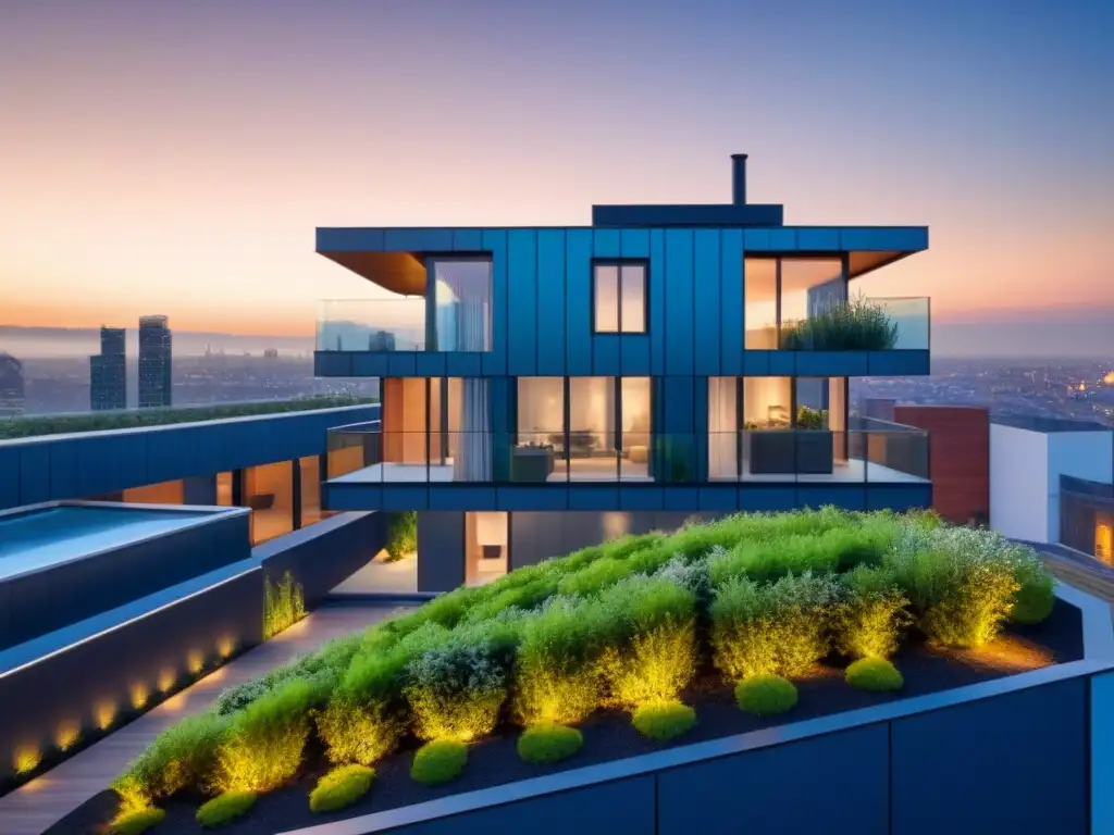 Edificio sostenible al atardecer: arquitectura moderna y verde en la ciudad Un edificio sostenible y moderno al atardecer, con arquitectura verde y certificaciones ambientales