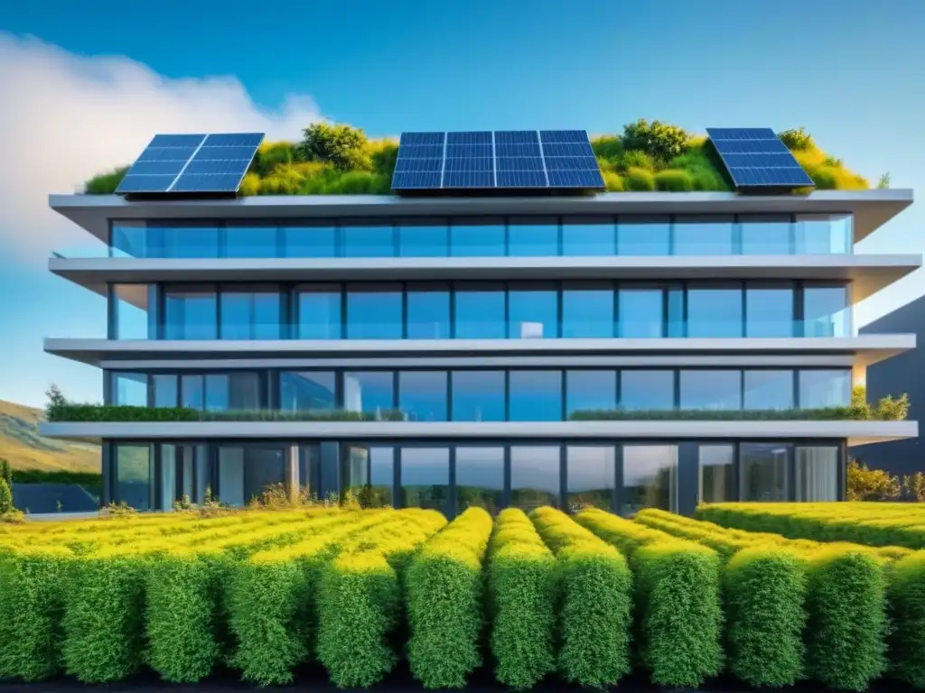 Edificio sostenible de vanguardia: arquitectura verde y moderna Edificio sostenible moderno con paneles solares y jardines verdes, ideal para inversor inmobiliario sostenible