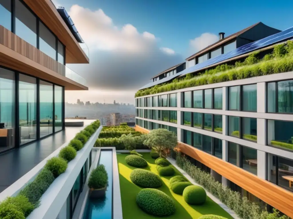 Edificio verde de lujo en entorno sostenible urbano Edificio sostenible moderno rodeado de vegetación, con paneles solares y diseño ecológico