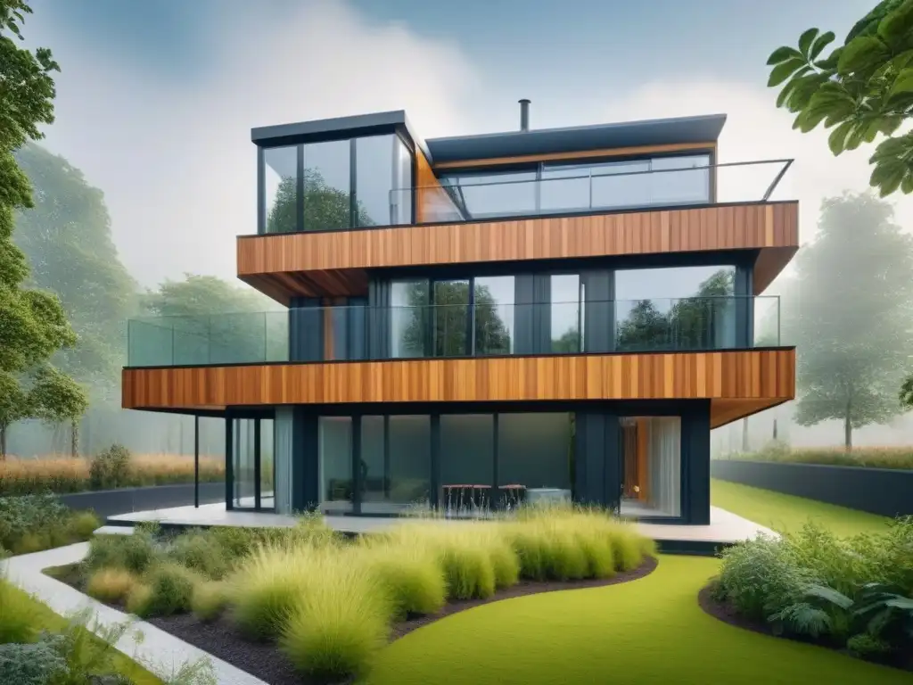 Edificio sostenible en armonía con la naturaleza urbana Un edificio sostenible se fusiona con la naturaleza urbana, mostrando un equilibrio entre desarrollo inmobiliario y preservación ambiental