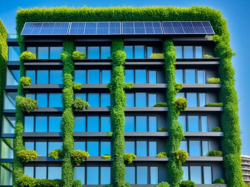 Edificio sostenible: fusión perfecta entre naturaleza y arquitectura Edificio sostenible con vegetación y paneles solares, fusionando armonía entre naturaleza y arquitectura