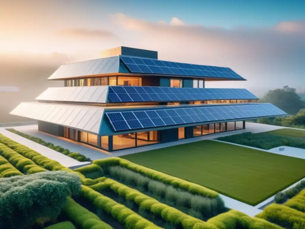 Edificio sostenible de diseño innovador | ESG en la arquitectura Edificio sostenible con paneles solares y techos verdes, reflejando criterios ESG en inversiones inmobiliarias