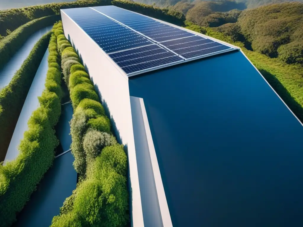 Edificio sostenible con paneles solares, diseño innovador y naturaleza