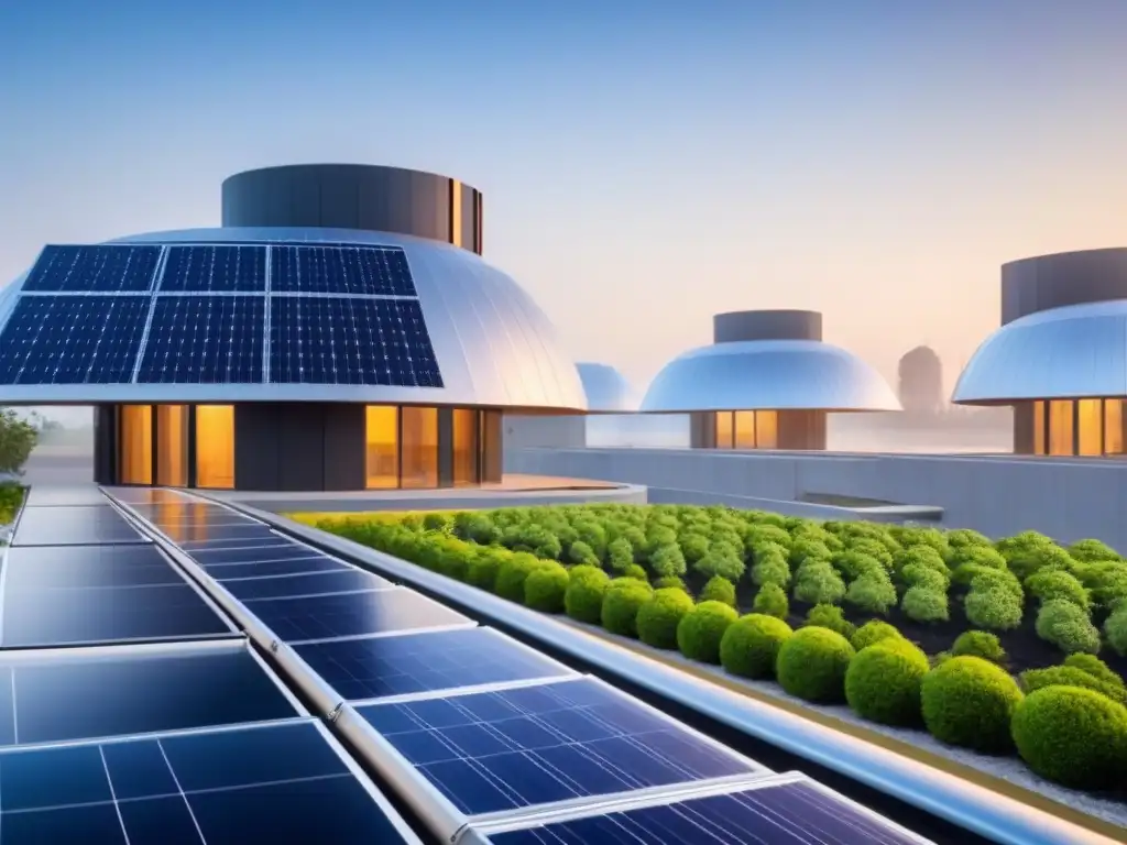 Edificio sostenible con paneles solares y tejados verdes, simbolizando innovación en inversiones inmobiliarias en sostenibilidad