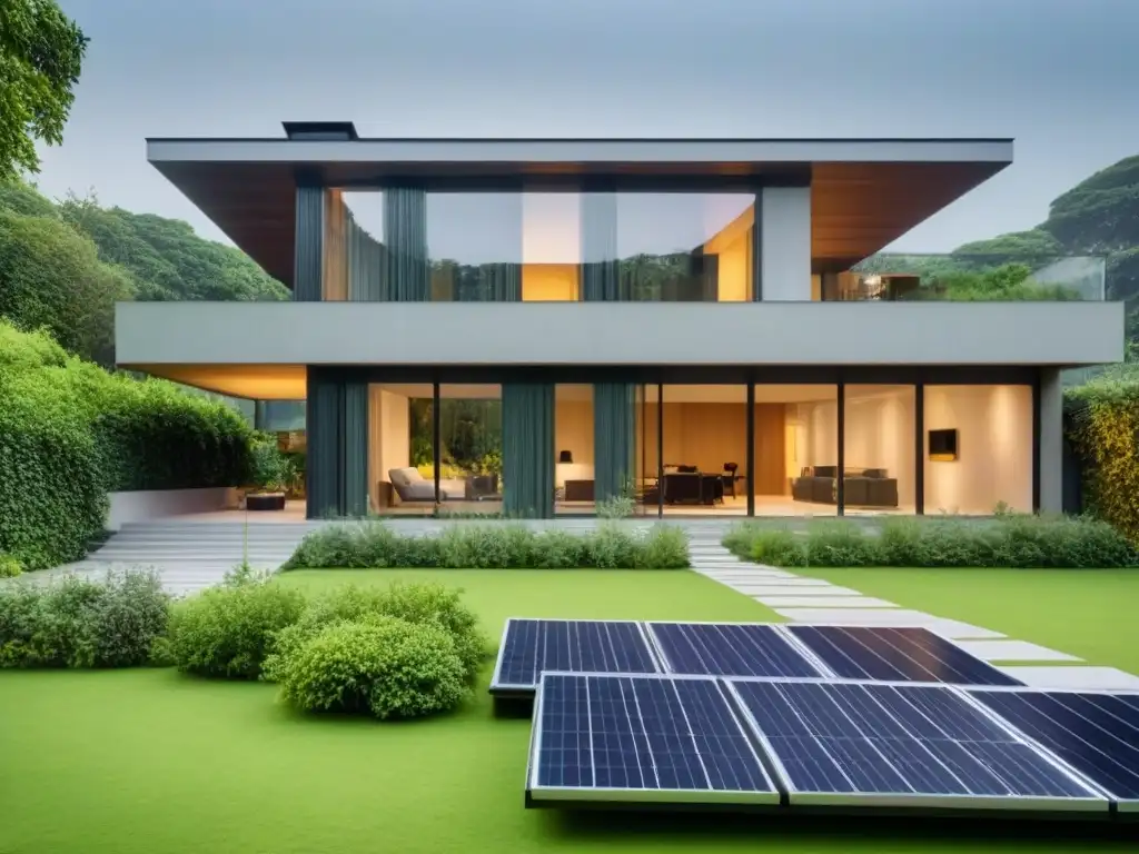 Edificio sostenible: armonía arquitectónica y natural Edificio sostenible con paneles solares, armonía entre arquitectura y naturaleza, estrategias inmobiliarias sostenibles
