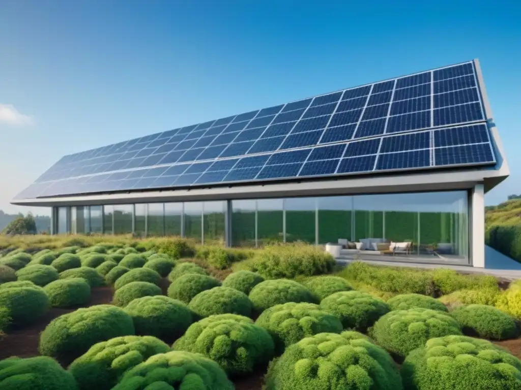 Edificio sostenible con paneles solares en entorno verde Edificio sostenible con paneles solares, rodeado de vegetación y cielo azul