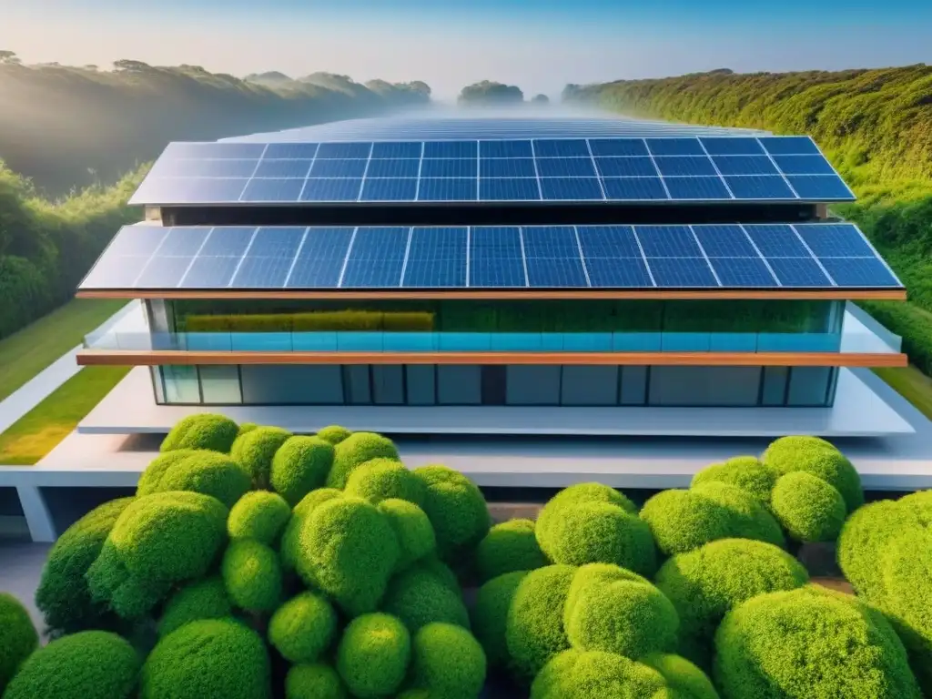 Edificio sostenible con paneles solares integrados en la fachada Edificio sostenible con paneles solares integrados en la fachada, rodeado de vegetación, destacando la eficiencia energética en su diseño