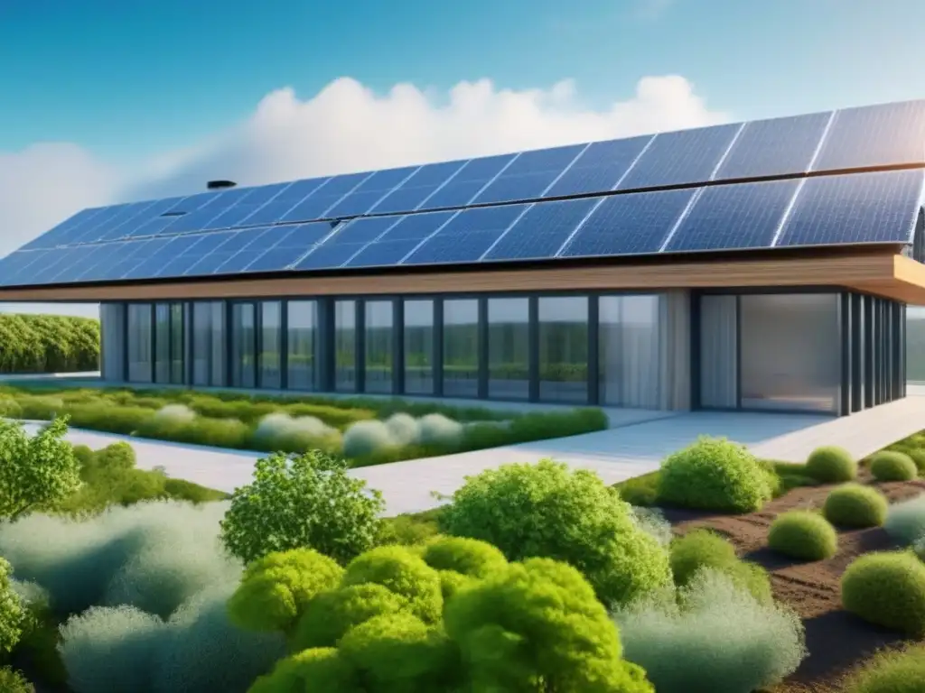 Complejo sostenible: arquitectura eco-friendly en entorno natural Edificio sostenible con paneles solares, jardines y reciclaje de agua