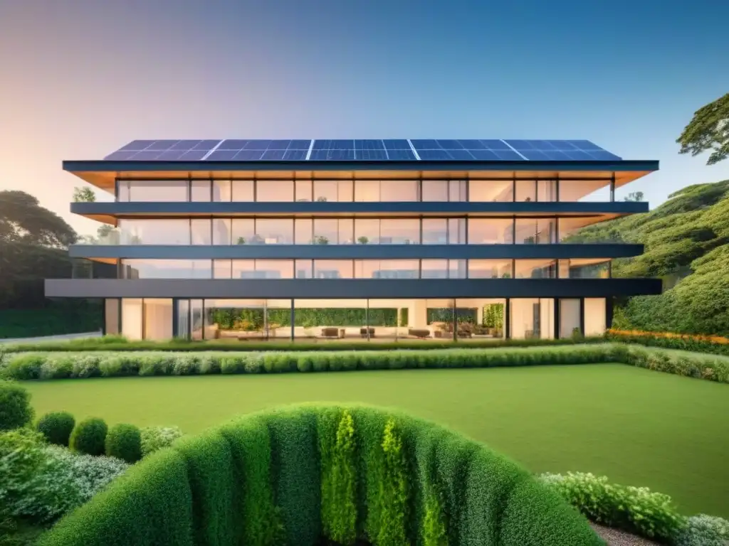 Edificio sostenible con paneles solares y diseño ecoamigable Edificio sostenible con paneles solares, rodeado de vegetación y diseño ecológico