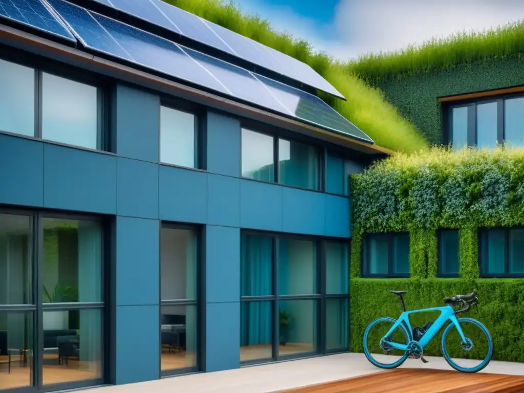 Edificio sostenible: diseño ecofriendly con paneles solares y jardines Edificio sostenible con paneles solares, jardines verdes y diseño ecoamigable