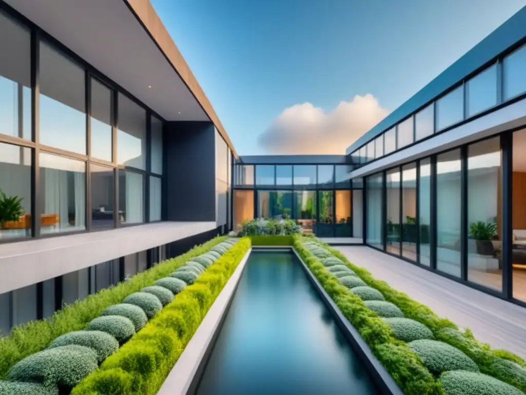 Edificio sustentable: diseño moderno con paneles solares y vegetación Edificio sostenible con paneles solares y vegetación, rodeado de paisaje verde