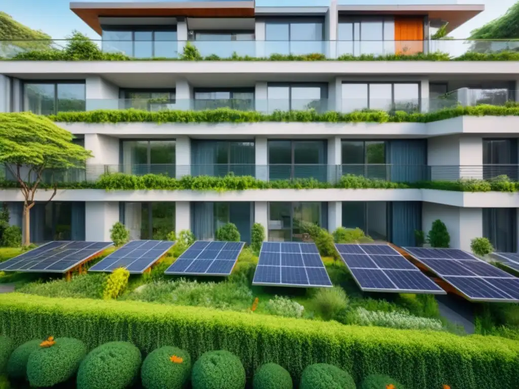 Edificio sostenible con paneles solares y jardín comunitario Edificio sostenible con paneles solares y jardín comunitario