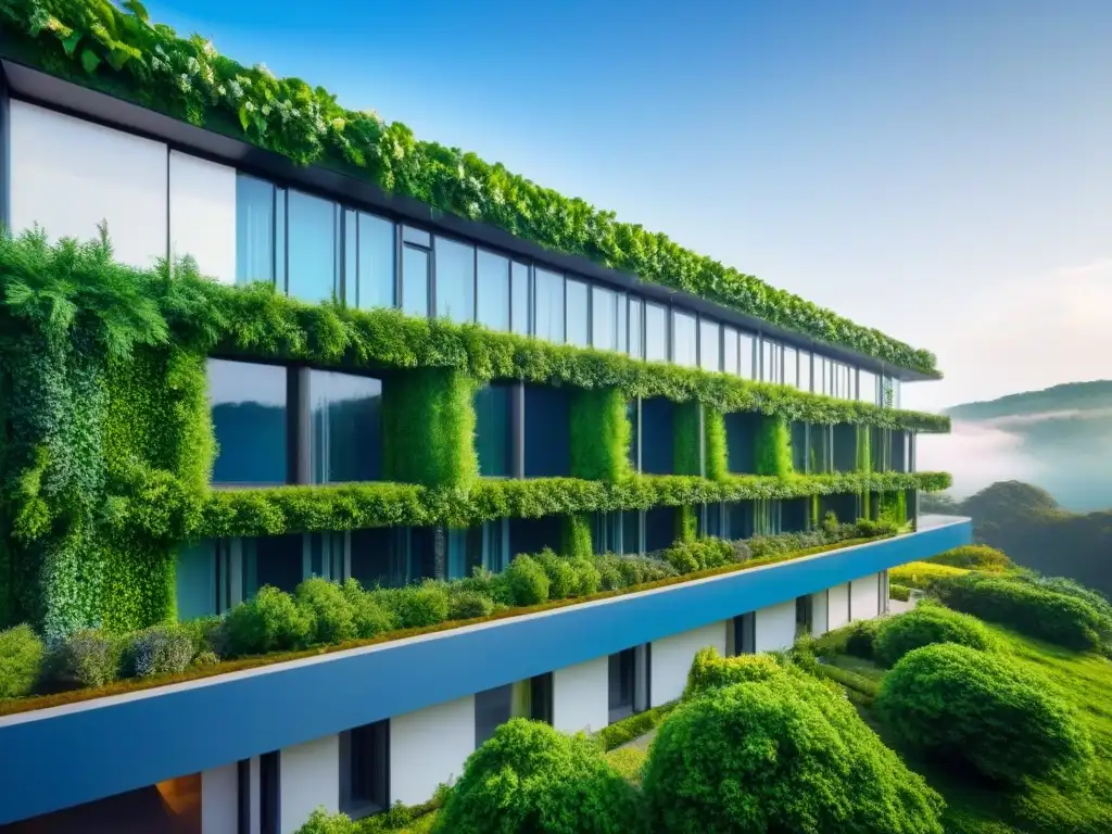 Arquitectura futurista: Edificio sostenible integrado en la naturaleza Un edificio sostenible con paredes verdes y paneles solares, rodeado de naturaleza