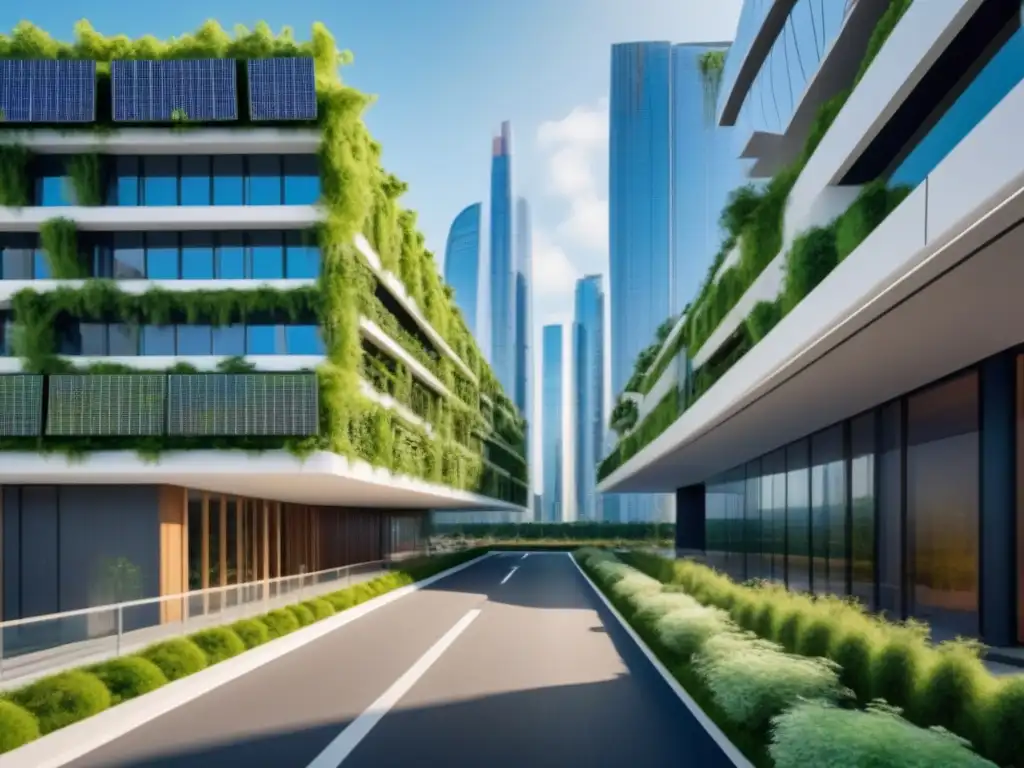 Bioarquitectura futurista: armonía entre naturaleza y tecnología Un edificio sostenible rodeado de naturaleza y tecnología en perfecta armonía