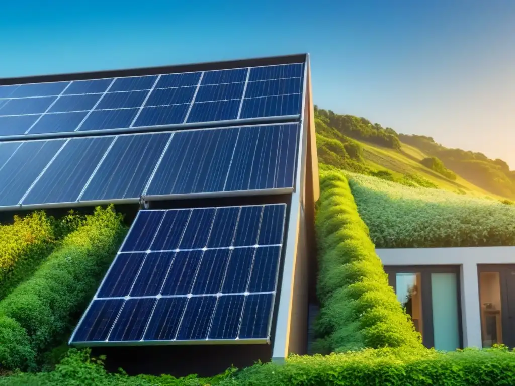 Edificio sostenible rodeado de vegetación, paneles solares brillantes en el techo, cielo azul