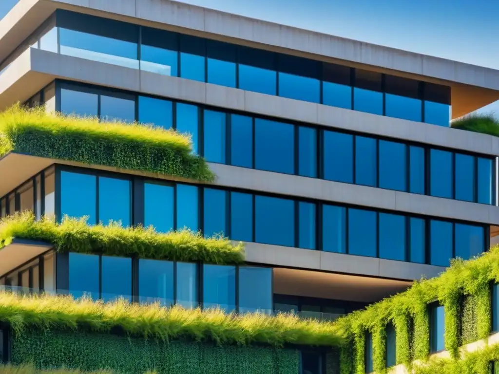 Edificio sostenible: arquitectura moderna en entorno verde Edificio sostenible rodeado de vegetación con paneles solares, muro verde y cielo azul