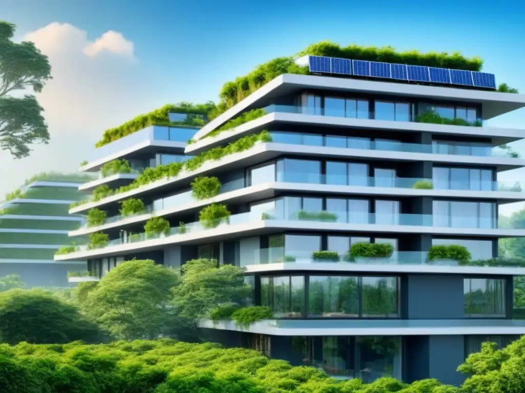 Edificio sustentable: arquitectura moderna en armonía con la naturaleza Un edificio sostenible rodeado de vegetación, paneles solares y cielo azul