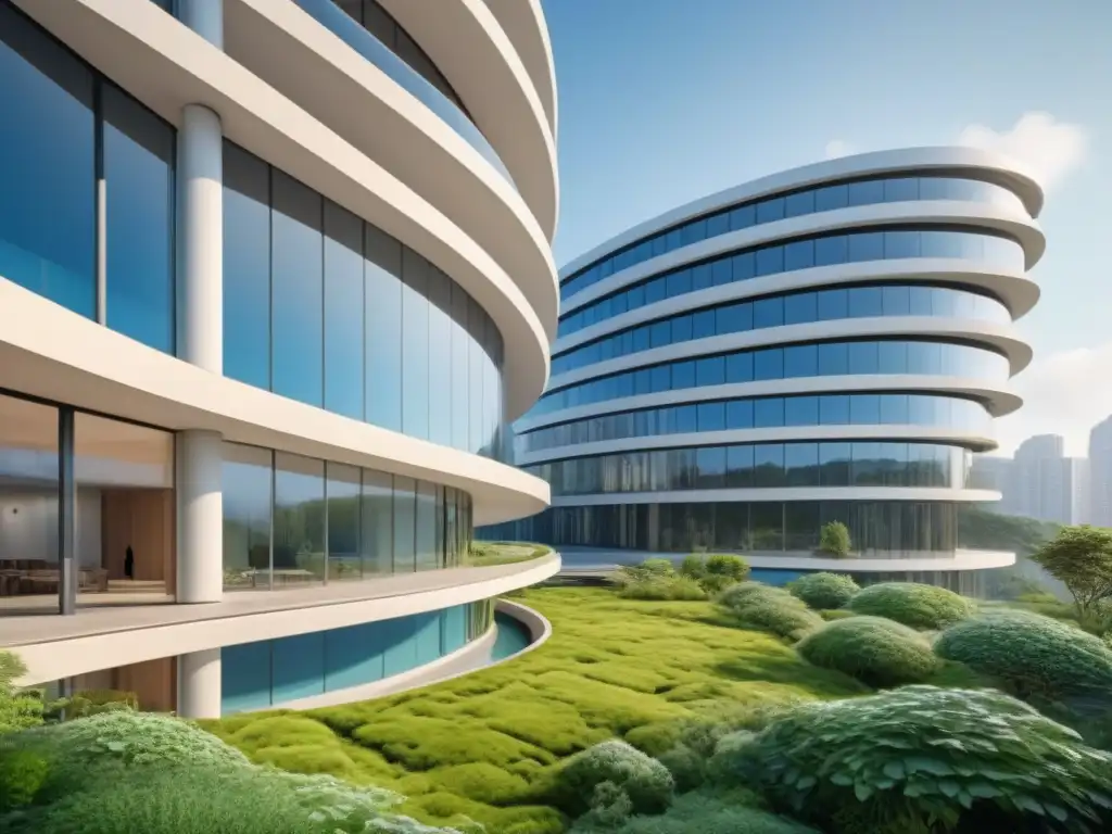 Edificio sostenible del futuro: innovación en verde Edificio sostenible con tecnologías verdes: paneles solares, azoteas verdes y sistemas de reciclaje de agua eficientes