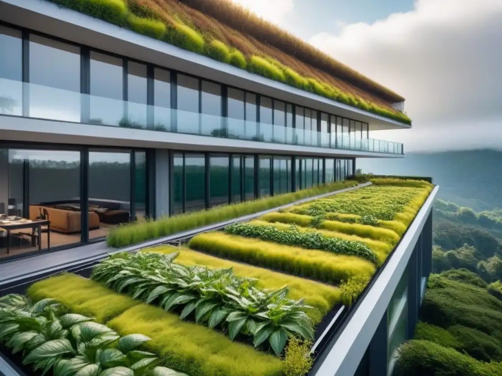 Edificio sostenible LEED y BREEAM: innovación y diseño verde Edificio sustentable con Certificaciones LEED y BREEAM, diseño vanguardista, techo verde y paneles solares