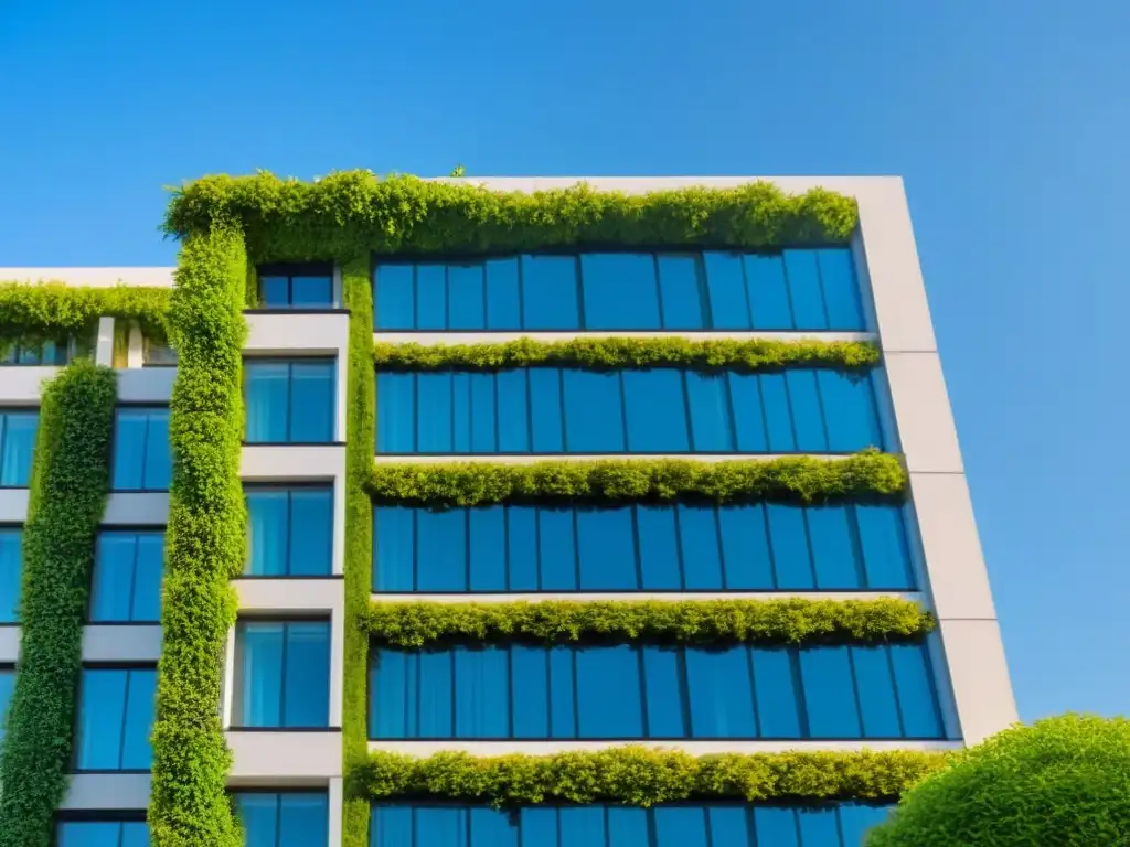 Edificio ecológico con paneles solares integrados Edificio vanguardista ecoamigable con paneles solares integrados, rodeado de vegetación y cristales reflectantes