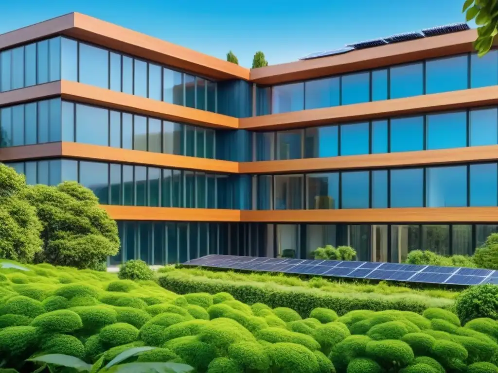 Edificio verde innovador en armonía con la naturaleza Edificio verde con diseño innovador y sostenible, rodeado de naturaleza y paneles solares
