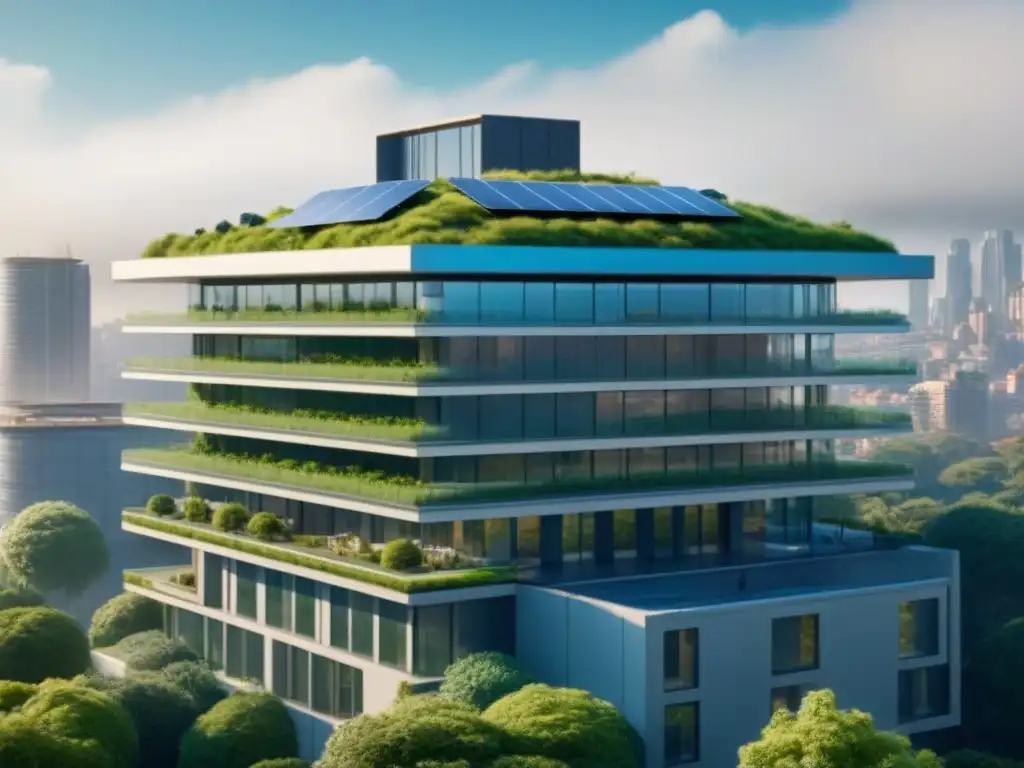 Edificio verde futurista: diseño innovador en 8k Un edificio verde futurista con diseño innovador, paneles solares y jardines en los techos, rodeado de naturaleza y ciudad