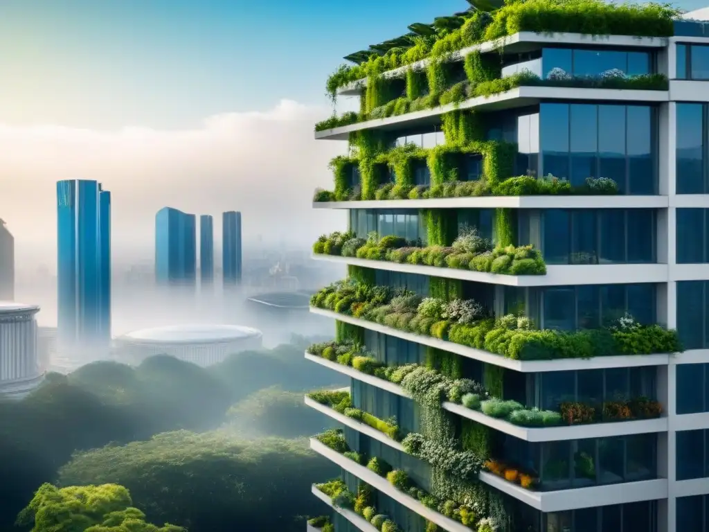 Edificio verde futurista con jardines verticales y paneles solares, integrando tecnologías verdes inversión inmobiliaria en la ciudad