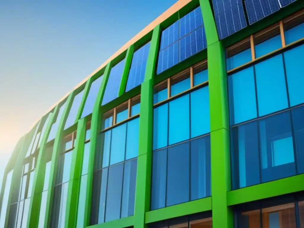 Edificio verde futurista: diseño sostenible y energético Edificio verde futurista con paneles solares y paredes cubiertas de vegetación, simbolizando la rentabilidad de la inversión en edificios verdes