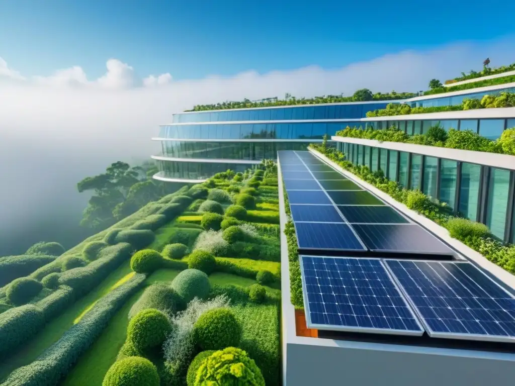 Edificio verde futurista: arquitectura sostenible en 8k Edificio verde futurista con paneles solares, jardines verticales y ventanas energéticas, bajo cielo azul