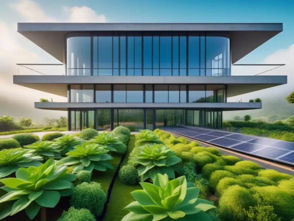 Edificio verde futurista: innovación sostenible y armonía con la naturaleza Un edificio verde futurista rodeado de naturaleza, personas felices caminando, paneles solares y ventanas grandes
