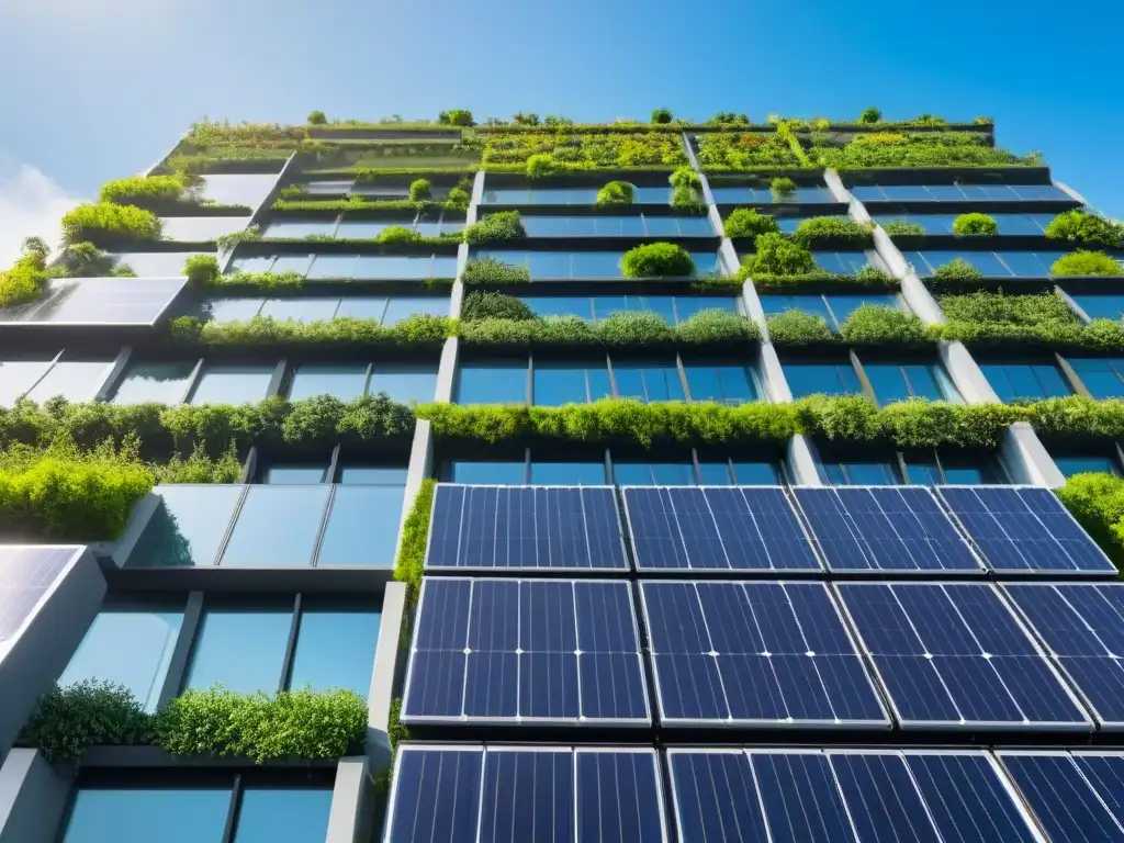 Edificio ecológico futurista rodeado de naturaleza exuberante Un edificio verde futurista rodeado de naturaleza, con paneles solares brillantes y diseño innovador