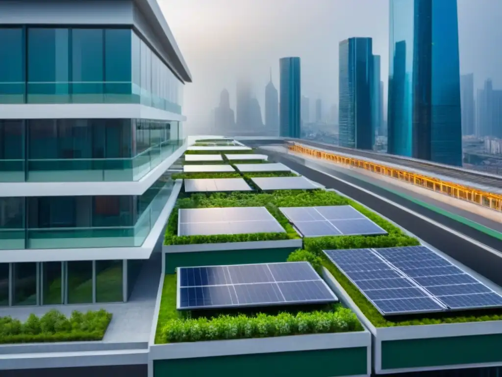 Edificio verde futurista: diseño sostenible en la ciudad Edificio verde futurista con diseño sostenible innovador en ciudad vibrante