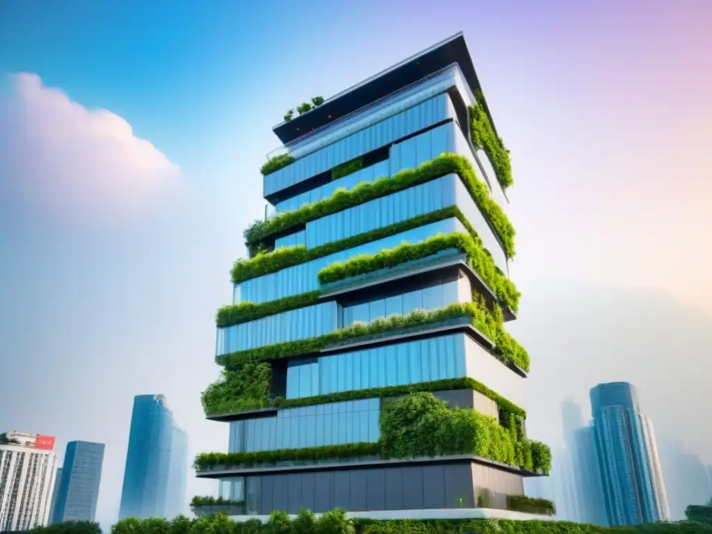 Edificio verde futurista: arquitectura innovadora en la ciudad Edificio verde futurista con tecnologías avanzadas en ciudad: Integración tecnologías verdes mercado inmobiliario