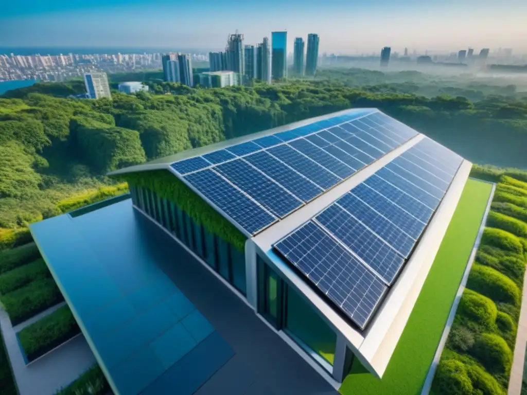 Edificio verde innovador en 8k: diseño sostenible y moderno Edificio verde moderno, con paneles solares y techos verdes