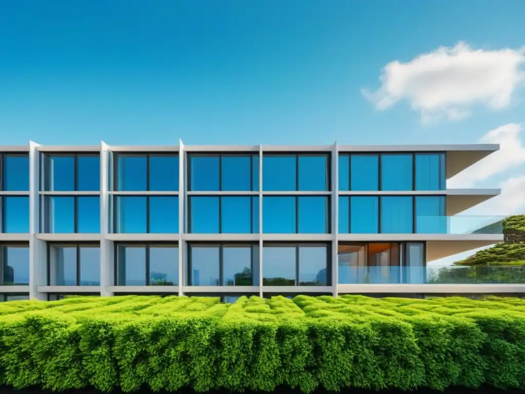 Edificio verde innovador: diseño sostenible y moderno Edificio verde moderno con paneles solares, reflejando cielo azul y naturaleza exuberante, ideal para guía inversión edificaciones verdes