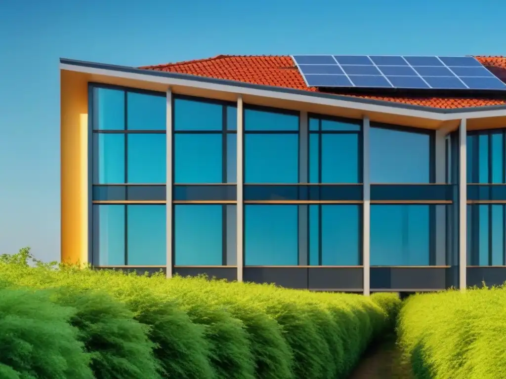 Edificio verde sostenible: moderno y eficiente Edificio verde moderno con paneles solares, rodeado de naturaleza y cielo azul