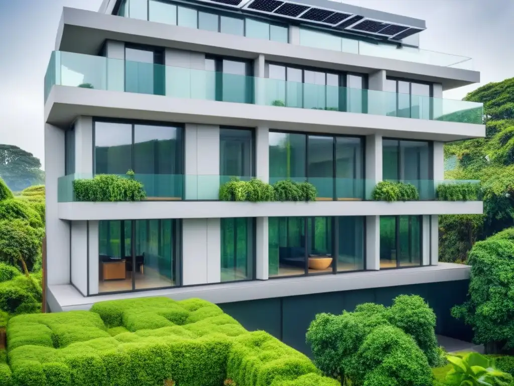 Edificio ecoamigable: arquitectura sostenible y rentable Edificio verde con paneles solares y sistema de recolección de agua, símbolo de incentivos fiscales propiedades verdes