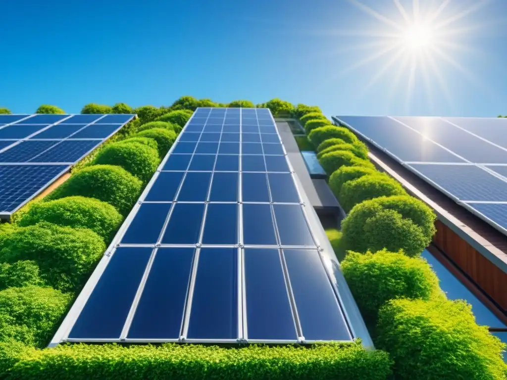 Ecoedificio verde con paneles solares en armonía con la naturaleza Un edificio verde con paneles solares, rodeado de naturaleza, muestra la armonía entre arquitectura ecológica y la certificación ecológica