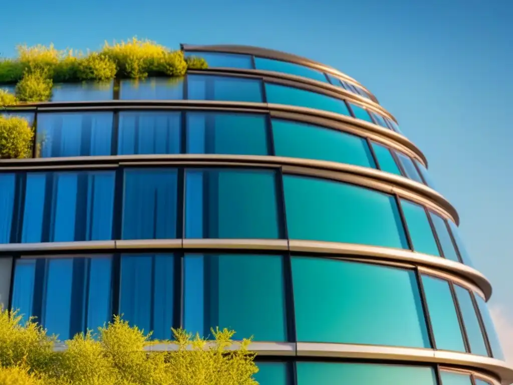 Edificio verde moderno: sostenibilidad y innovación inmobiliaria Edificio verde con paneles solares, rodeado de naturaleza